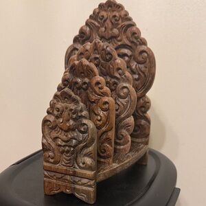 Indonesian Intricately Carved Brown Wooden Napkin/Mail Desk Table Holder